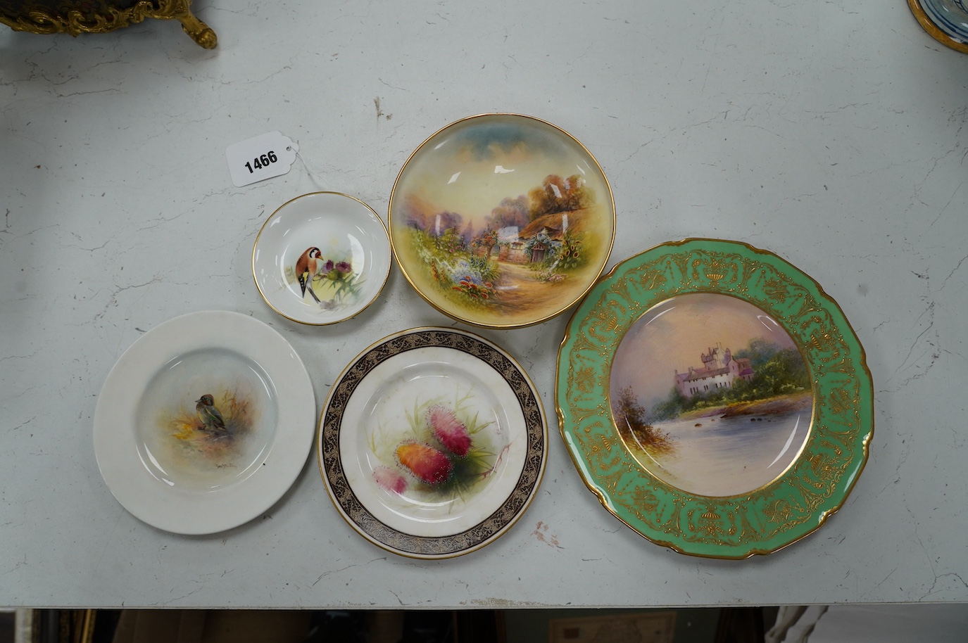 Five Worcester cabinet dishes, each signed, including Jas Stinton, largest 22cm. Condition - fair to good